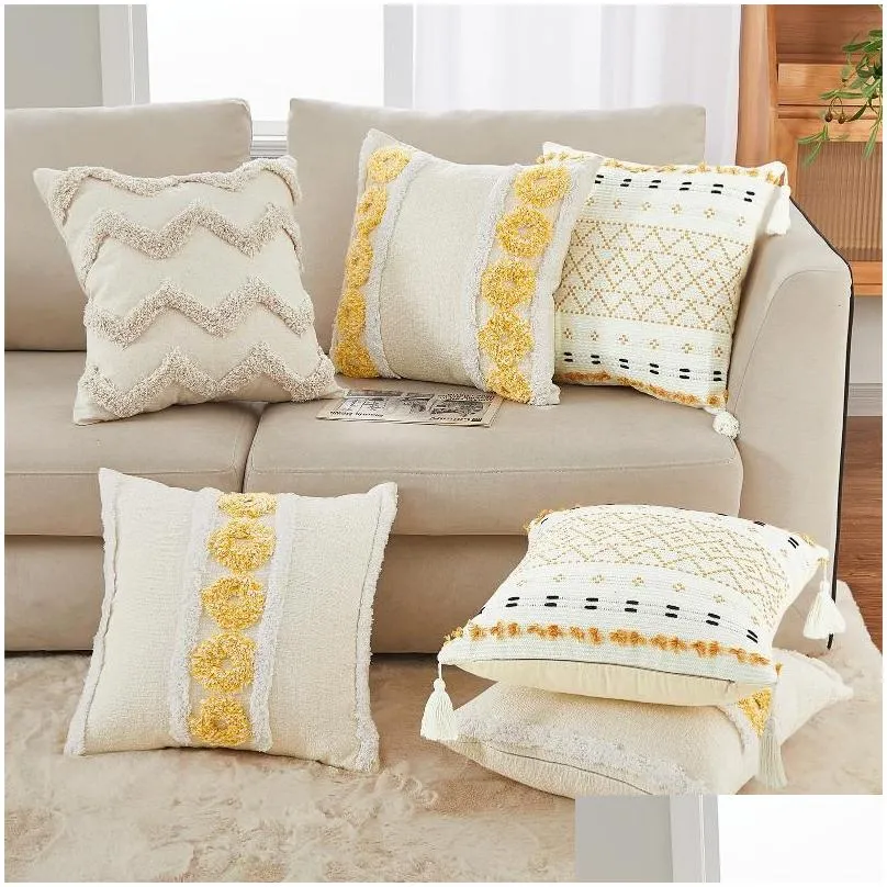 Cushion/Decorative Pillow Pillow /Decorative Tassel Beige Er Tufted Cotton Linen Pillowcases For Living Room Soft Sofa Bed Chair Home Dhfc0