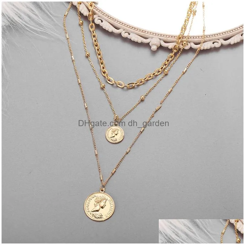 17Km Vintage Mti-Layer Coin Chains Choker Necklace For Women Gold Sier Color Fashion Portrait Chunky Chain Necklaces Jewelry Dhgarden Othbf