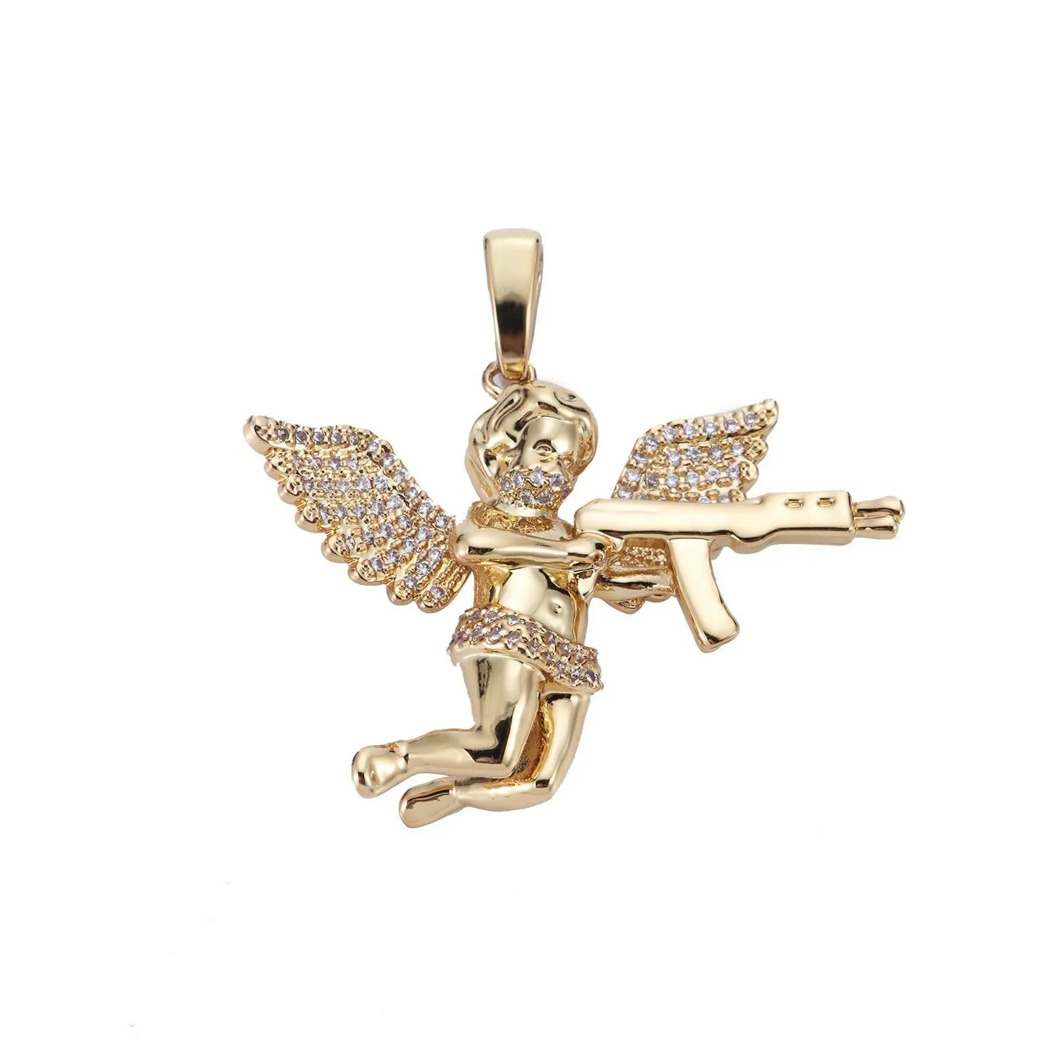 Pendant Necklaces Top Quality Jewelry Zircon Gold Sier Cute Angel Baby Carry Gun Stuff Pendant Necklace Rope Chain For Men Women655511 Dhym9