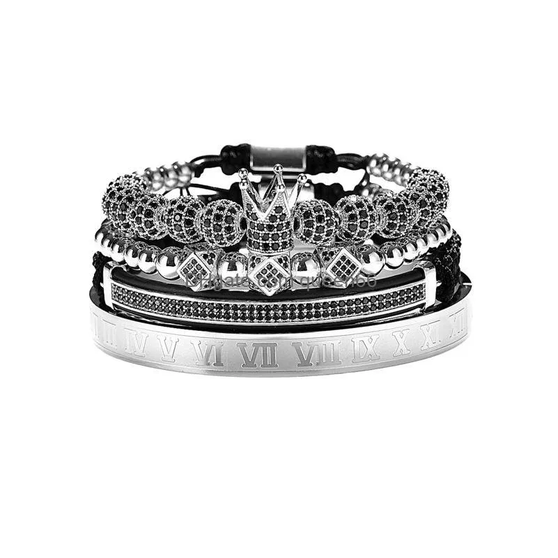 Charm Bracelets Xury Gold Braided Adjustable Bracelet Men Male Beads Crown Black Cz Zircon Charm Stainless Steel Jewelry Gift Valentin Dh5Uw
