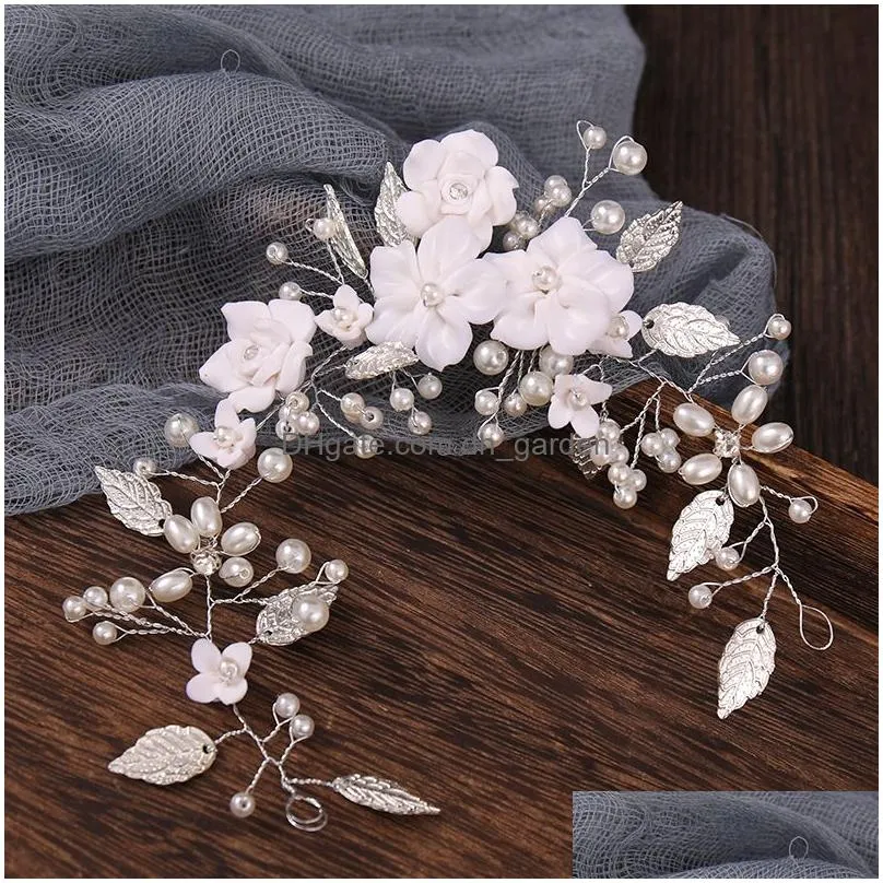 Flower Leaf Pearl Headband Wedding Hair Accessories Rhinestone Bridal Queen Tiara Comb Hairband Jewelry Gift Dhgarden Otdvo