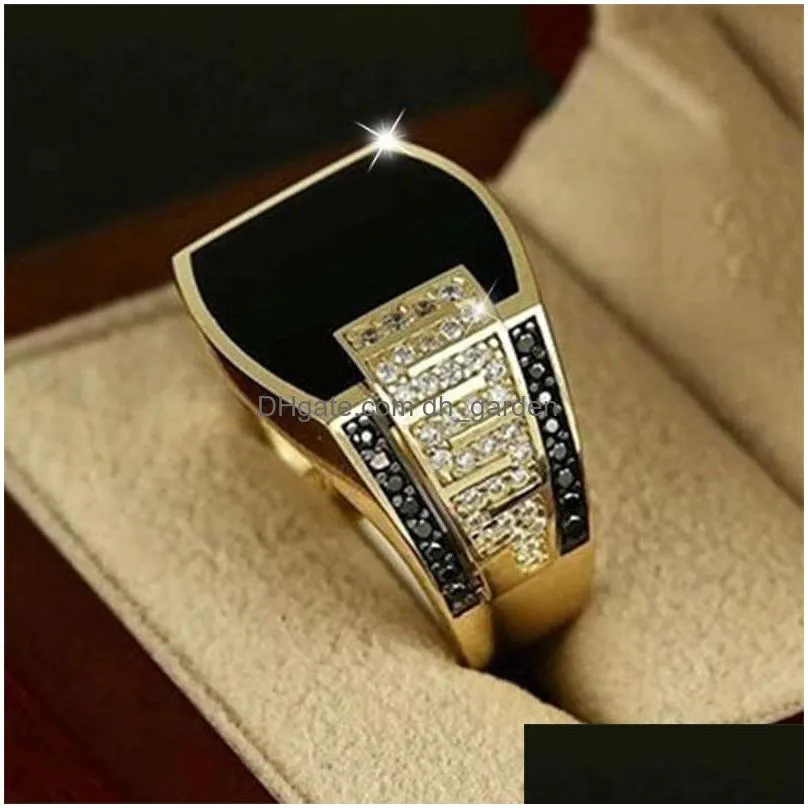 Classic Mens Ring Fashion Metal Gold Color Inlaid Black Stone Zircon Punk Rings For Men Dhgarden Otmug