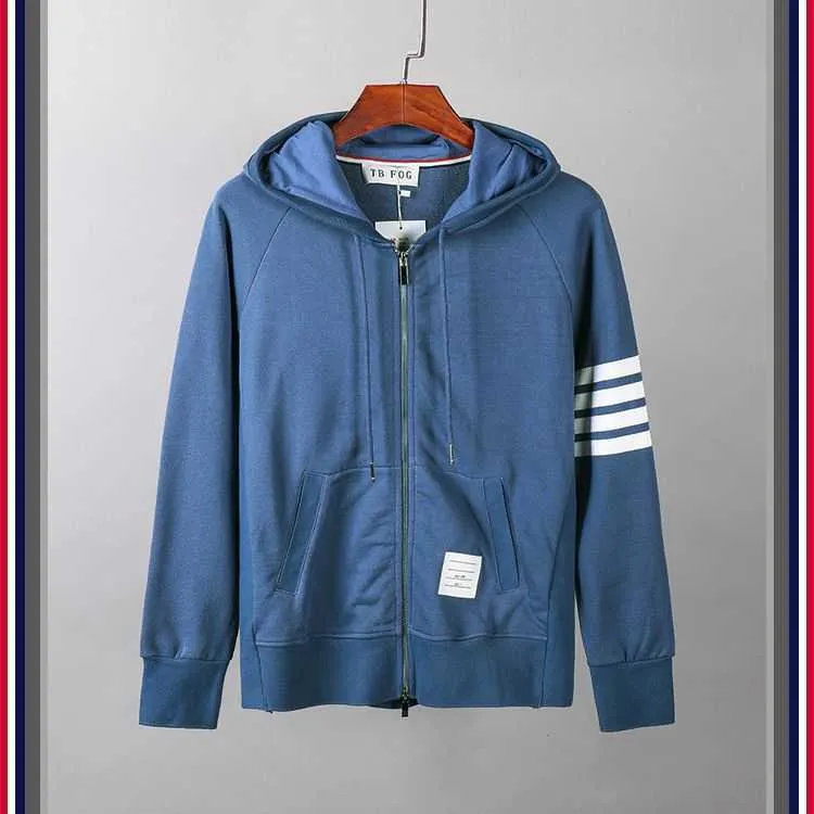 FOG Cotton Hooded Jacket with Yarn-Dyed Four-Bar Stripe Design - Casual Zippered Sweater for Couples