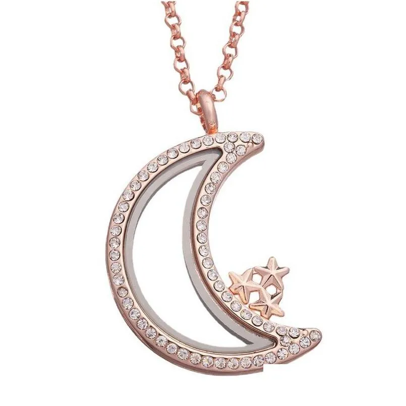 Pendant Necklaces Crystal Star Moon Floating Locket Necklace Gold Chains Openable Open Living Memory Pendant Diy Fashion Jewelry For J Dhtpi