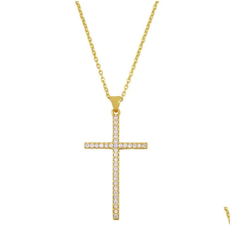Pendant Necklaces 18K Gold Zircon Cross Pendant Necklace Crystal Diamond Necklaces Women Men Fashion Jewelry Will And Jewelry Necklace Dhczt