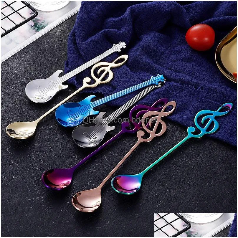 Spoons Creative 304 Stainless Steel Small Coffee Spoons Guitar Music Notes Shape Dessert Spoon Stirring Lovely Titanium Plated Ice Hom Dhhe5