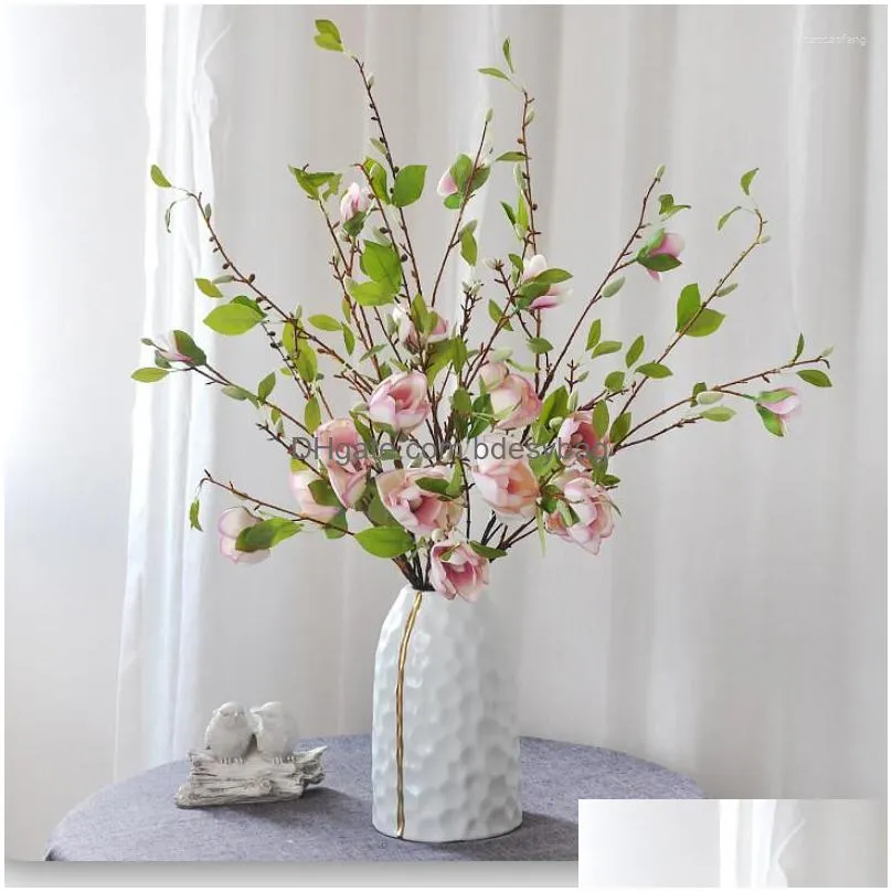 Decorative Flowers 5Pc 93Cm Artificial Magnolia Branch With Leaves Chinese Style Home Soft Decoration Fake Flower Wedding Dhnnk