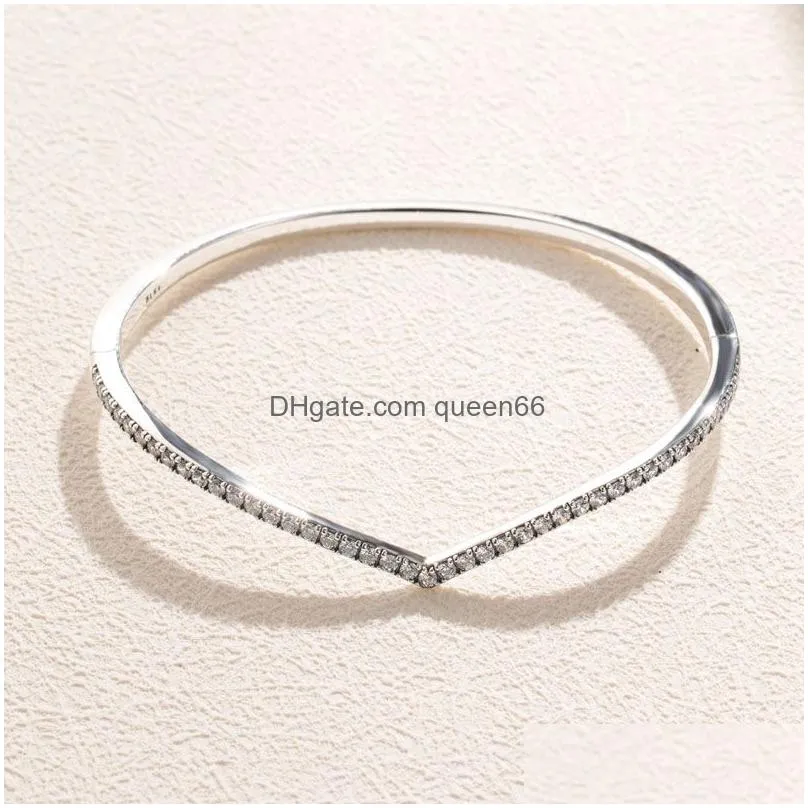 Bangle Cz Diamond Sparkling Wishbone Bangle Bracelet Set Real Sterling Sier Women Wedding Jewelry With Original Box For P Girlfriend G Dh9Po