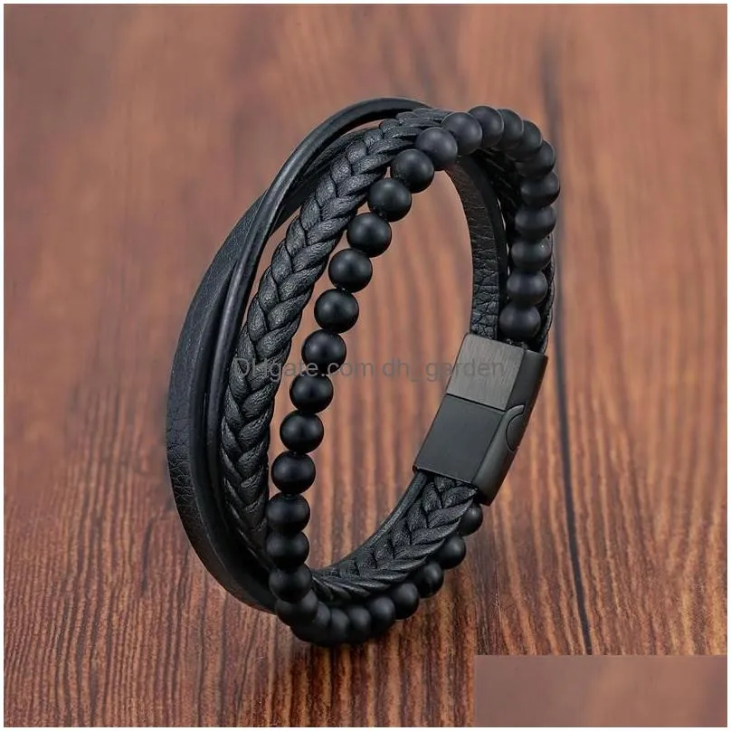 Fashion Mutilayer Leather Bracelet For Men Charm Stainless Steel Magnetic Clasp Wrap Bangle Dhgarden Otrjn