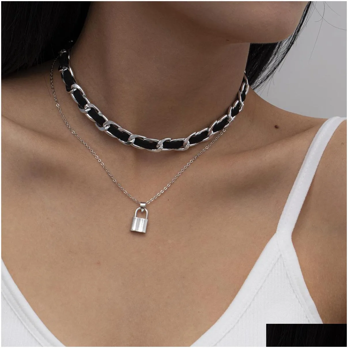 Pendant Necklaces Gold Chains Lock Pendant Necklace Lace Mti Layer Wrap Choker Necklaces Women Fashion Jewelry Will And Sandy Gift Jew Dhgan