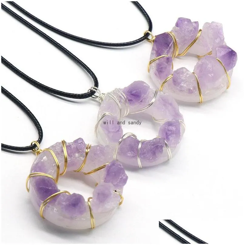 Pendant Necklaces Wire Wrapped Natural Stone Amethyst Pendant Necklace 35Mm Donut Irregar Healing Crystal Collar Necklaces For Women F Dhxra