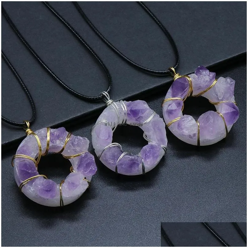 Pendant Necklaces Wire Wrapped Natural Stone Amethyst Pendant Necklace 35Mm Donut Irregar Healing Crystal Collar Necklaces For Women F Dhxra