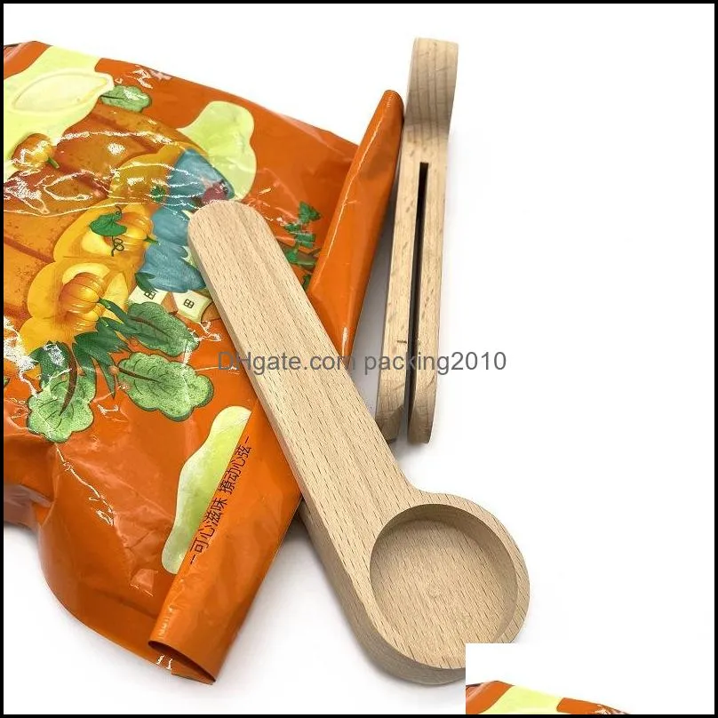 design wooden coffee scoop with bag clip tablespoon solid beech wood measuring tea bean spoons clips gift wholesale paa9985