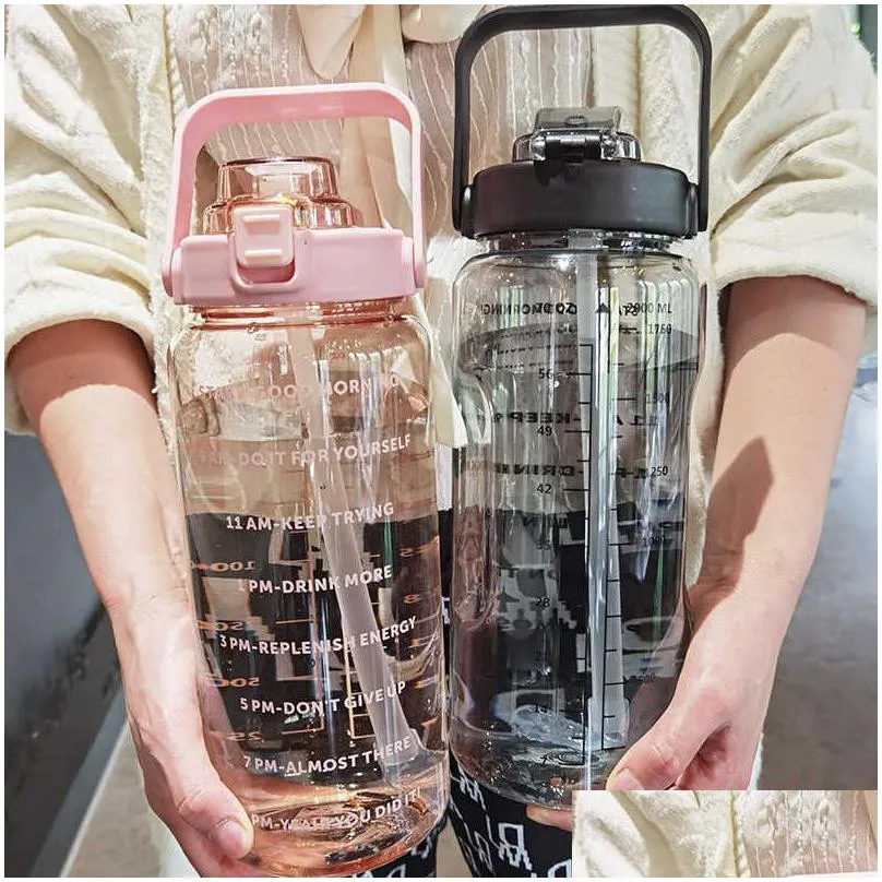 Water Bottles 2L Bottle With St Female Girls Large Portable Travel Sports Fitness Cup Summer Cold Time Scale Drop Delivery Home Gard Dhwug