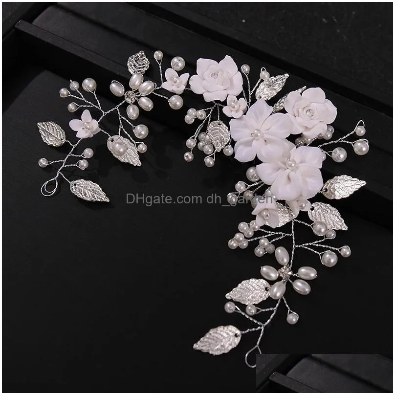 Flower Leaf Pearl Headband Wedding Hair Accessories Rhinestone Bridal Queen Tiara Comb Hairband Jewelry Gift Dhgarden Otdvo