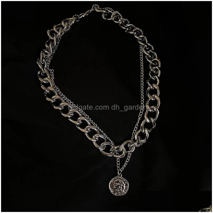 Punk Retro Portrait Of Exaggerated Thick Chain Necklace Double Personality Hip-Hop Neck Short Jewerly Dhgarden Oto7M