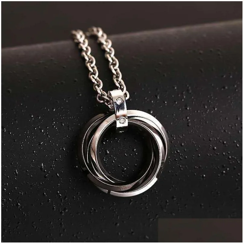 Pendant Necklaces Stainless Steel Three Rings Pendant Necklace Gold Ring Crystal Necklaces For Women Men Fashion Jewelry Will And Sand Dhph6