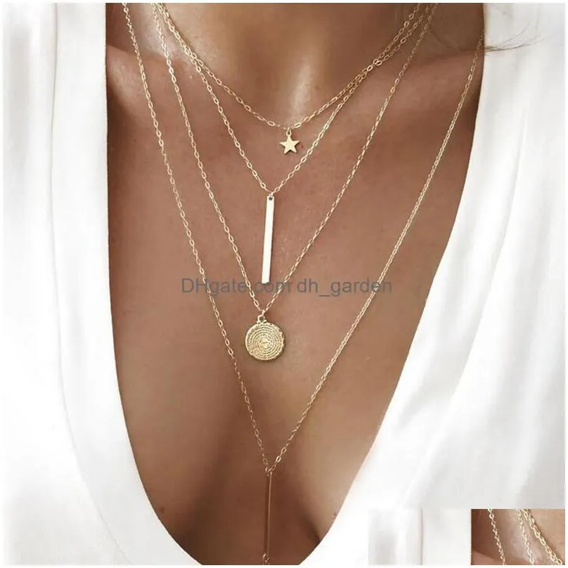 Vintage Mtilayer Crystal Pendant Necklace Women Gold Color Beads Moon Star Horn Crescent Choker Necklaces Jewelry Dhgarden Othbo