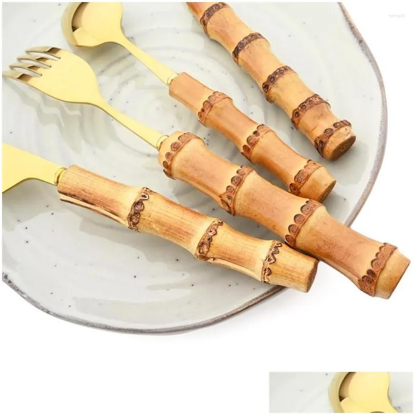 Dinnerware Sets Dinnerware Sets 24Pcs Creative Knife Fork Teaspoon Flatware Set Bamboo Handle Cutlery Stainless Steel Kitchen Tablewar Dhuf8