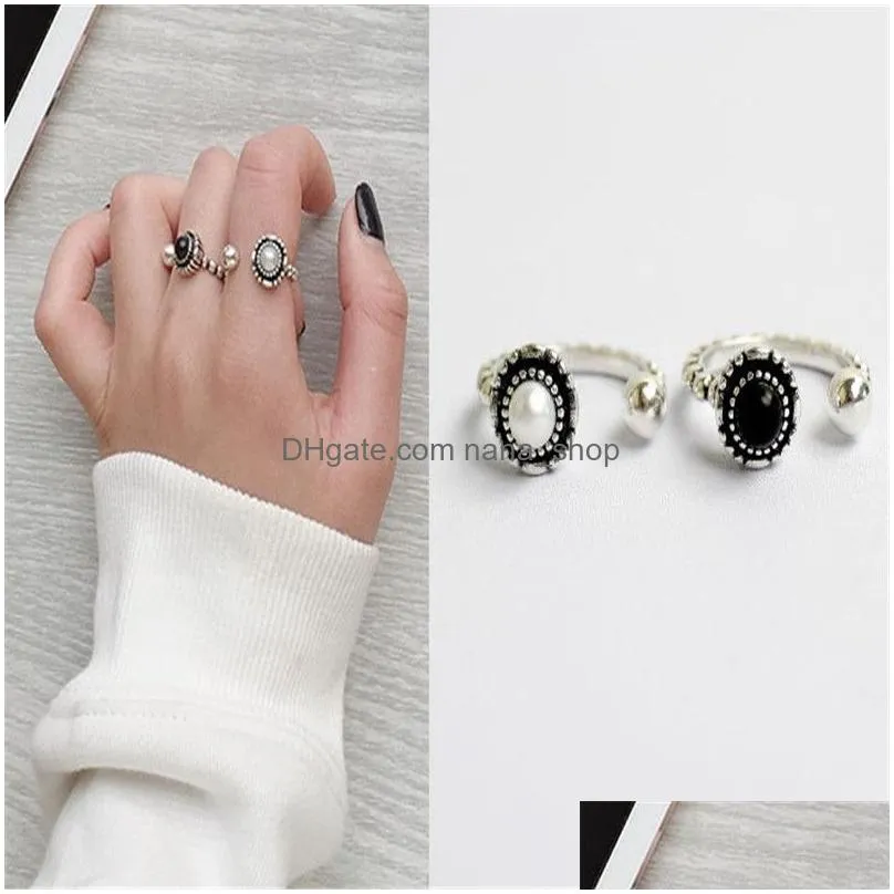 Other Vintage Black Agate And Freshwater Pearl Rings Fine Jewelry 100% 925 Sterling Sier Adjustable Statement Ring For Jewelry Necklac Dhphf