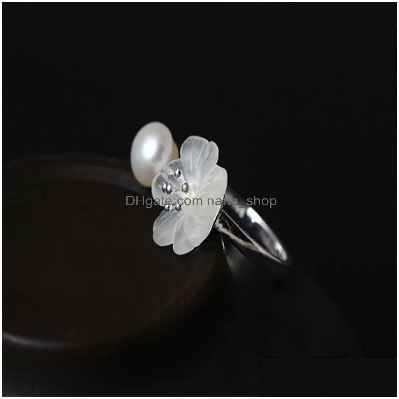 Other 925 Sterling Sier Crystal Raining Flower Natural Freshwater Pearl Open Size Rings For Women Lovers Gifts Ethnic Statement Ring J Dh4Cu