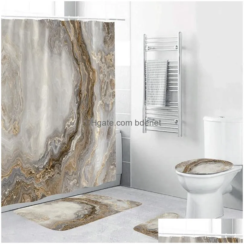 Shower Curtains Marble White Shower Curtain Set With Non Slip Rug Bath Mat Carpet Modern Bathroom Curtains Toilet Lid Er Home Decorati Dh2Ct