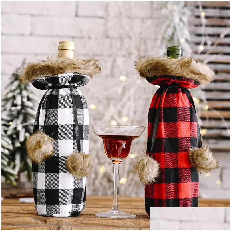 Christmas Decorations  Plaid Wine Bottle Er Decorative Faux Fur Cuff Sweater Holder Gift Bags Party Ornament Jk2009Xb Home Gard Dhyo6