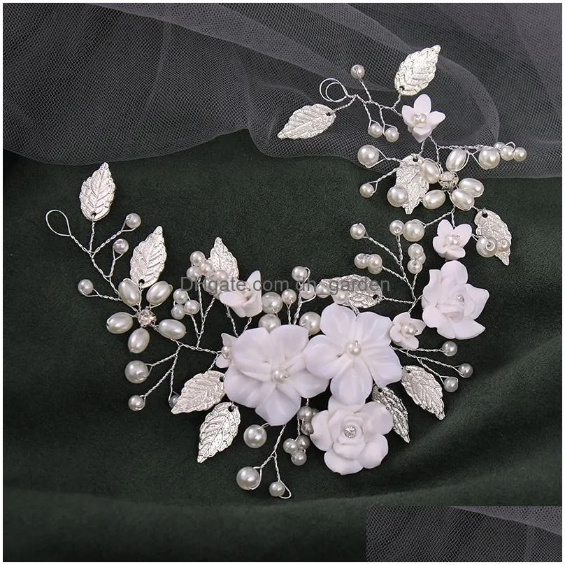 Flower Leaf Pearl Headband Wedding Hair Accessories Rhinestone Bridal Queen Tiara Comb Hairband Jewelry Gift Dhgarden Otdvo