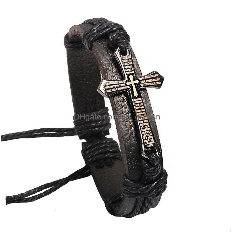 New Fashion Men Jewelry Vintage Leather Bracelets Bangles Metal Cross Jesus Bracelet Adjustable Wax Cord Brown Dhgarden Otw7Y