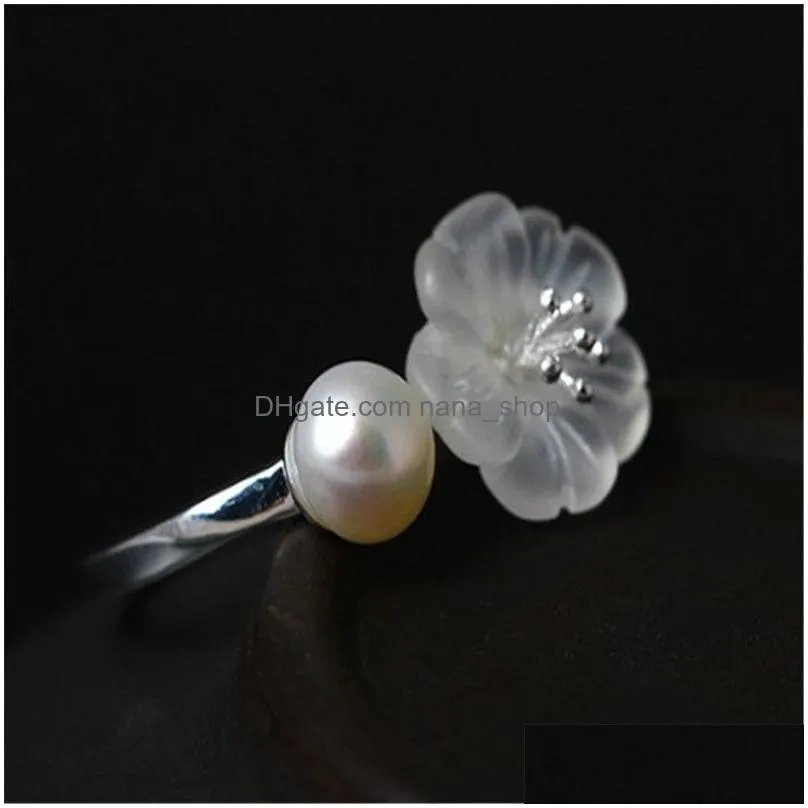 Other 925 Sterling Sier Crystal Raining Flower Natural Freshwater Pearl Open Size Rings For Women Lovers Gifts Ethnic Statement Ring J Dh4Cu