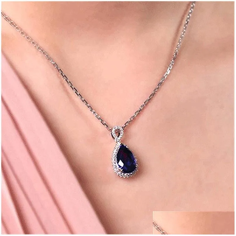 Pendant Necklaces Blue Red Diamond Water Drop Necklace Rose Gold Chains Women Crystal Necklaces Fashion Jewelry Gift Will And Jewelry Dhajz