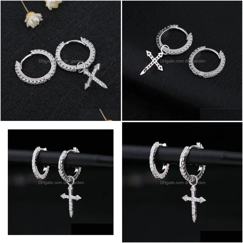 Sterling Sier Mosaic Cubic Zircon Cross Pendant Earrings For Women Asymmetric Hoop Earring S-E1093 Dhgarden Otyw6