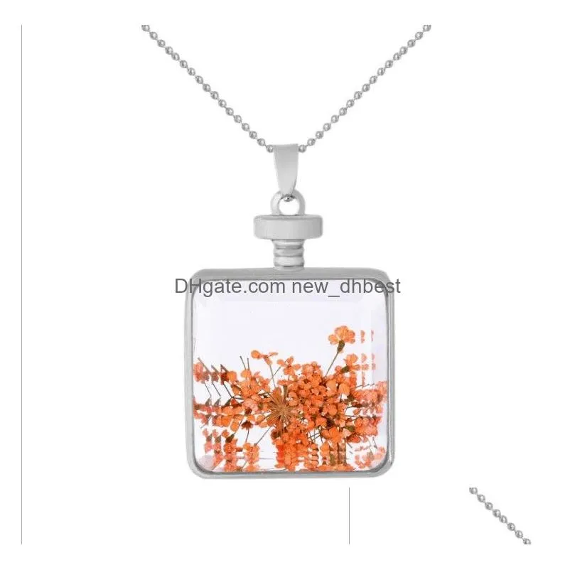 Pendant Necklaces Sier Square Dry Flower Dried Flowers Locket Necklace Pendants Natural Plant Red Necklaces For Women Jewelry 7 Colors Dhae9