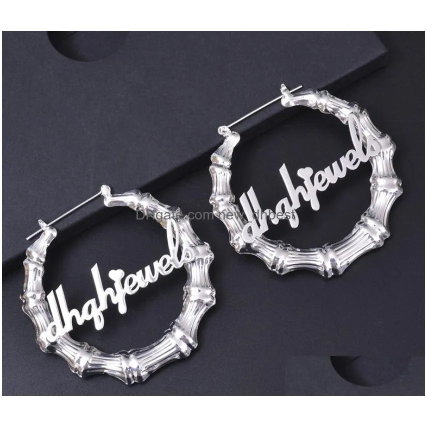 Hoop & Huggie Bamboo Hoop Earrings Customize Name Earring Bamboo-Style Custom-Earrings With Statement Words Number Jewelry Earrings Dhw3O