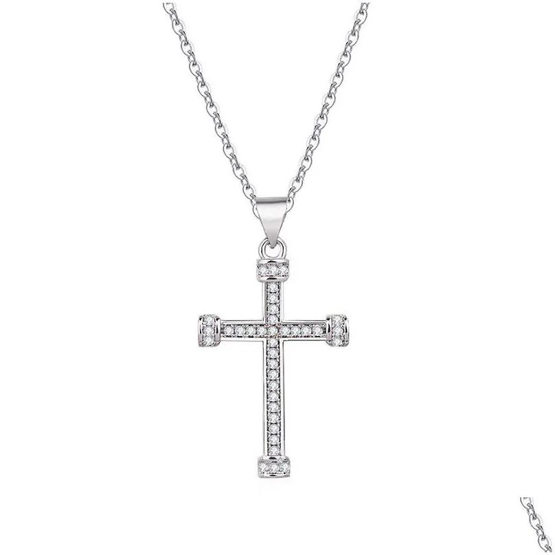 Pendant Necklaces 24K Gold Diamond Jesus Cross Necklace Pendant Crystal Row Necklaces Women Men Fashion Jewelry Will And Jewelry Neckl Dhgid