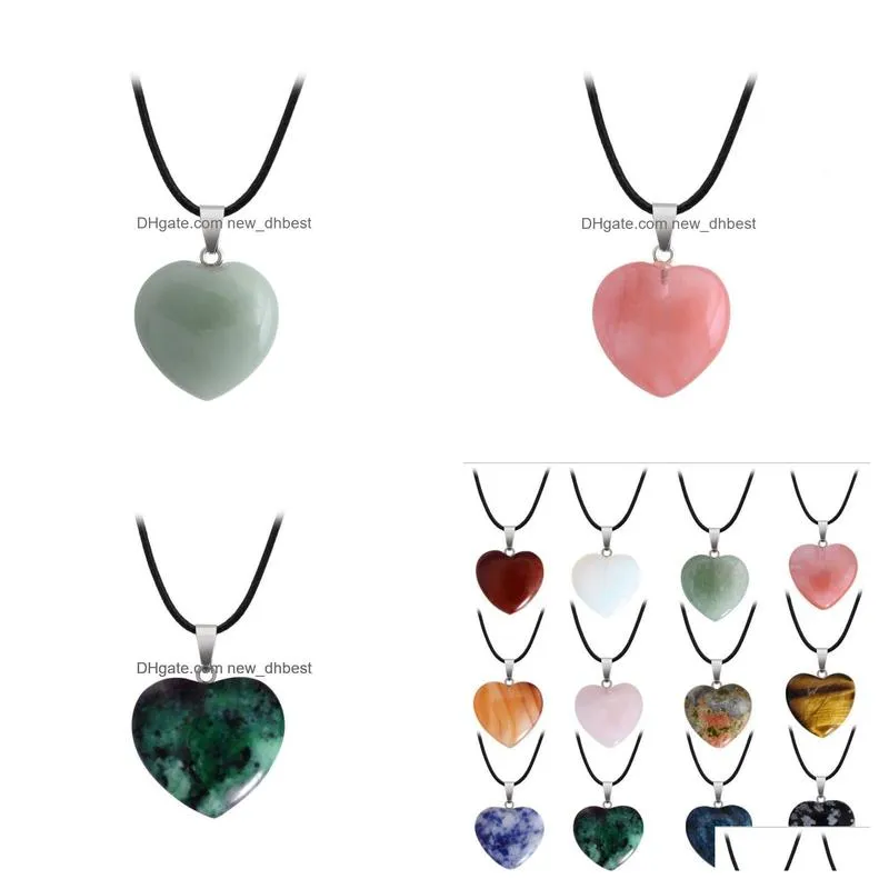 Pendant Necklaces Charms Natural Stone Gemstone Pendant Necklace Heart Shape Crystal Quartz Turquoise Charm For Women Men Girl Necklac Dhllv