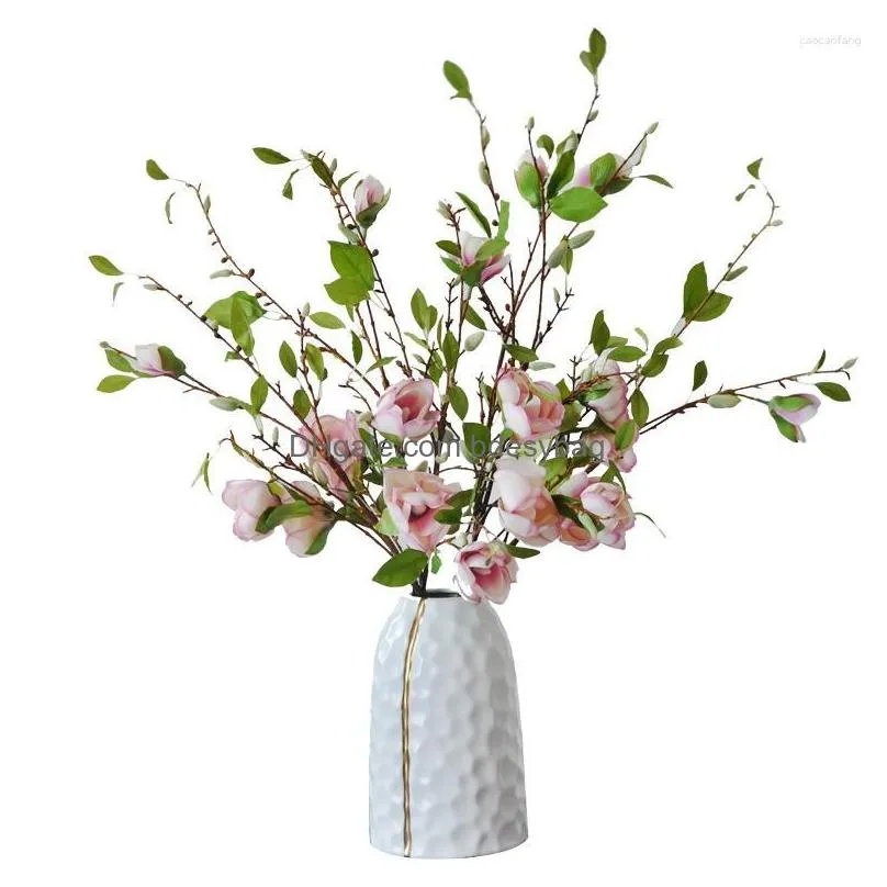 Decorative Flowers 5Pc 93Cm Artificial Magnolia Branch With Leaves Chinese Style Home Soft Decoration Fake Flower Wedding Dhnnk