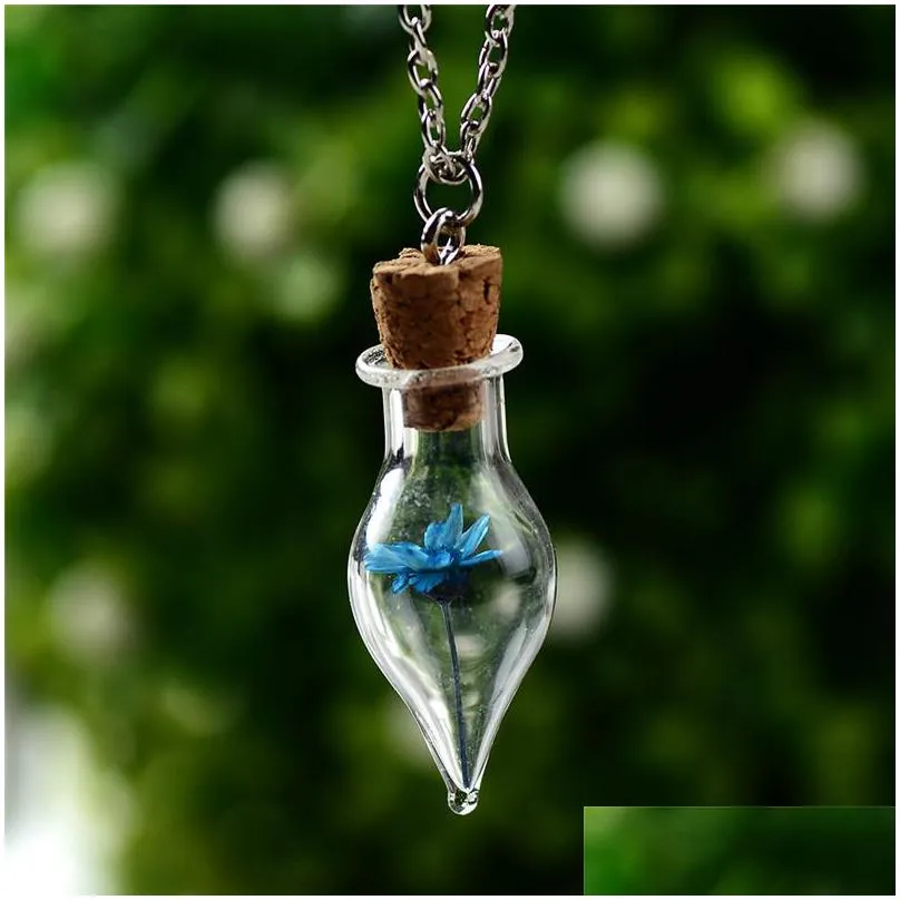 Pendant Necklaces Wishing Bottles Dried Flower Necklaces Women Glass Necklace Plant Fashion Jewelry Christmas Gift Will And Jewelry Ne Dh62N