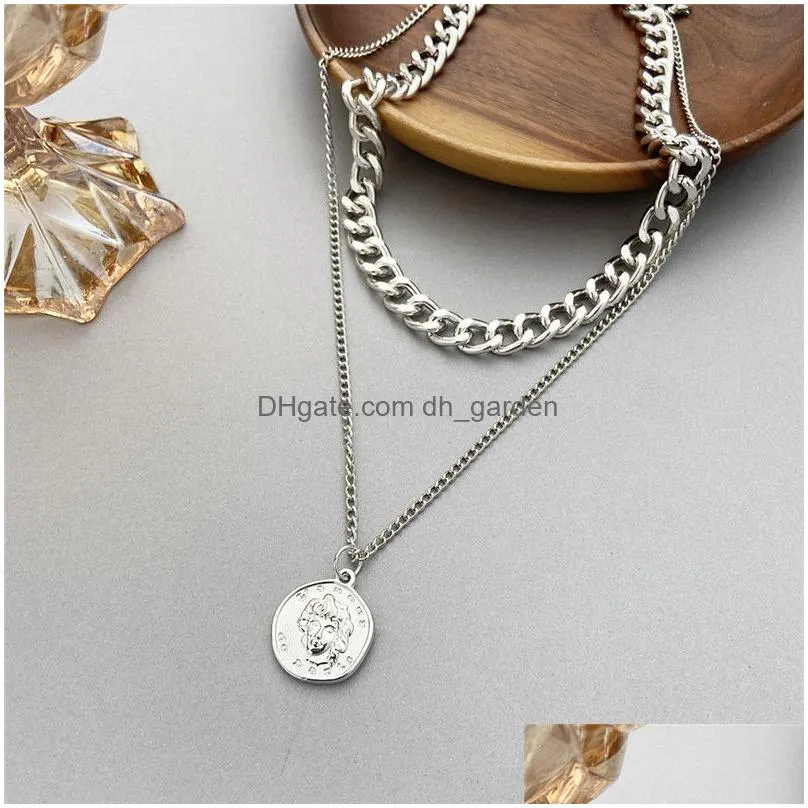 17Km Retro Portrait Coin Pendant Big Thick Chain Necklace For Women Exaggerated Choker Geometric Round Necklaces Jewelry Dhgarden Otsk2