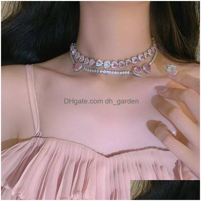 Sweet Pink Heart Zircon Choker Necklace For Women Girls Elegant Crystal Wedding Party Chain Collares Jewelry Dhgarden Ottnv