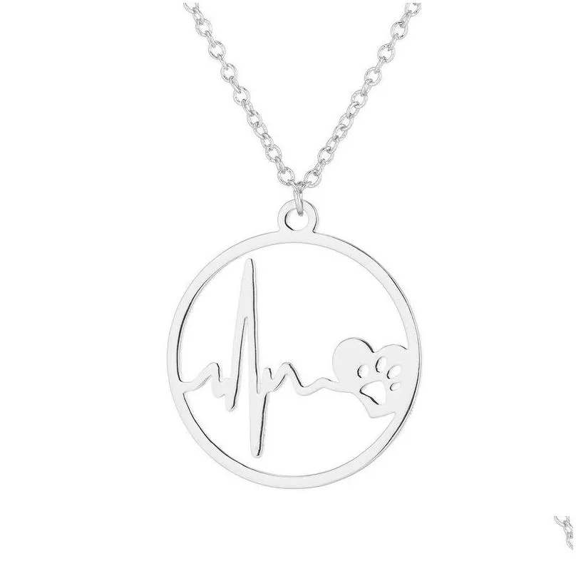 Pendant Necklaces Stainless Steel Heartbeat Necklace Chains Gold Ring Paw Heart Beat Pendant Necklaces For Women Men Fashion Jewelry J Dh36E