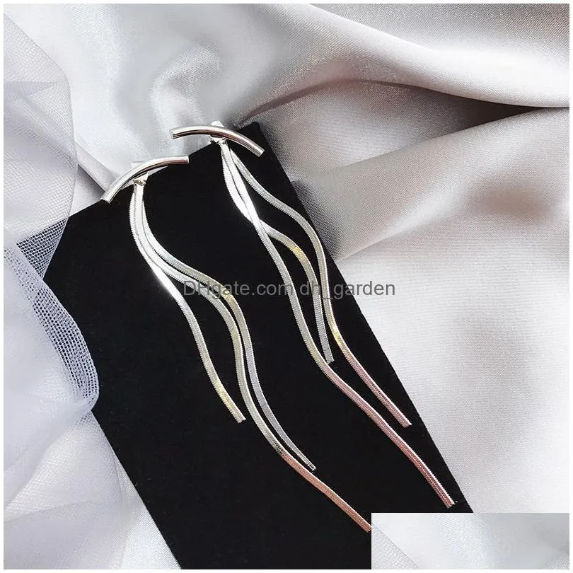 Vintage Gold Color Bar Long Thread Tassel Drop Earrings For Women Glossy Arc Geometric Korean Fashion Jewelry Hanging Pendien Dhgarden Otvhj