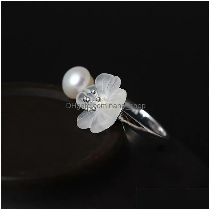 Other 925 Sterling Sier Crystal Raining Flower Natural Freshwater Pearl Open Size Rings For Women Lovers Gifts Ethnic Statement Ring J Dh4Cu