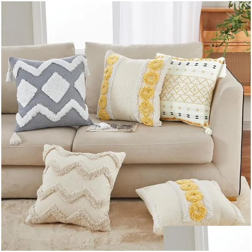 Cushion/Decorative Pillow Pillow /Decorative Tassel Beige Er Tufted Cotton Linen Pillowcases For Living Room Soft Sofa Bed Chair Home Dhfc0
