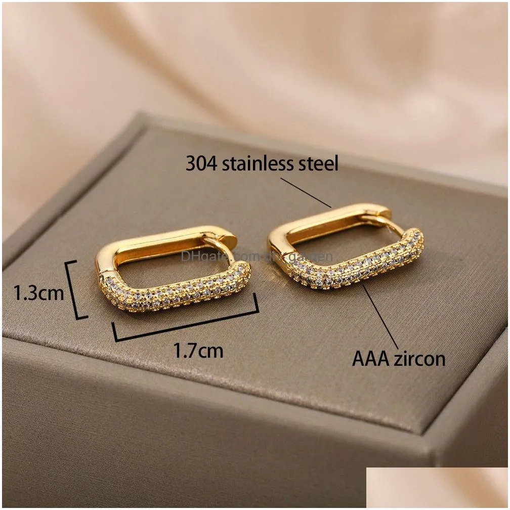 Square Hoop Earrings For Women Stainless Steel Shiny Cubic Zircon Earring Party Jewelry Dhgarden Otma0