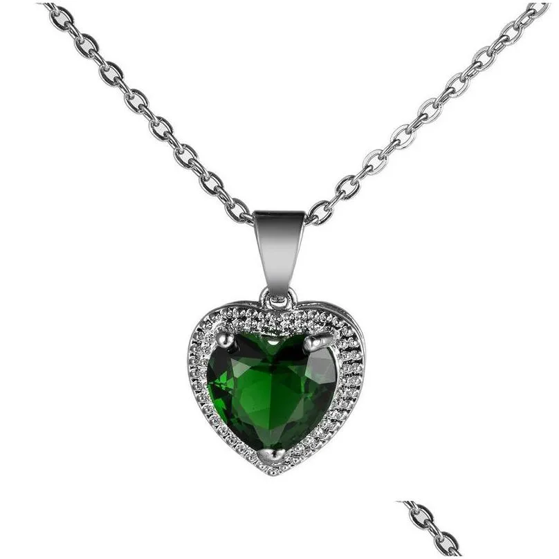 Pendant Necklaces Diamond Heart Pendant Necklace Stainelss Steel Chain Women Girls Necklaces Red Green Crystal Fashion Jewelry Will An Dhlxh