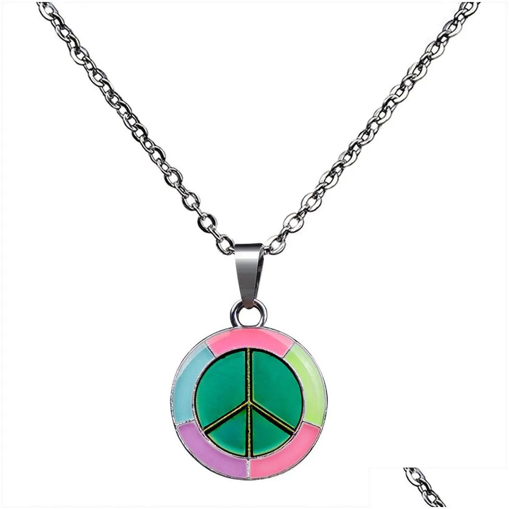 Pendant Necklaces Noctilucence Peace Symbol Pendant Necklace Color Changing Temperature Sensing Mood Necklaces Women Children Fashion Dhzgd