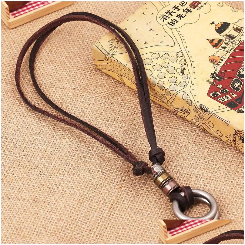 Pendant Necklaces Metal Double Ring Pendant Necklace Retro Adjustable Chain Leather Necklaces For Women Men Hiphop Fashion Jewelry Jew Dhctn