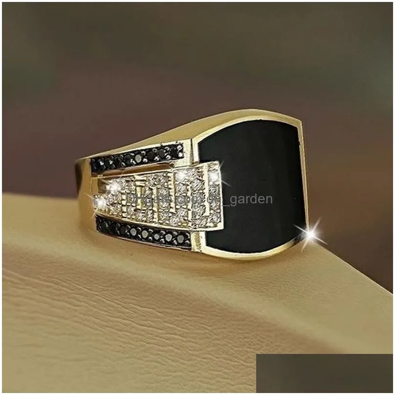 Classic Mens Ring Fashion Metal Gold Color Inlaid Black Stone Zircon Punk Rings For Men Dhgarden Otmug