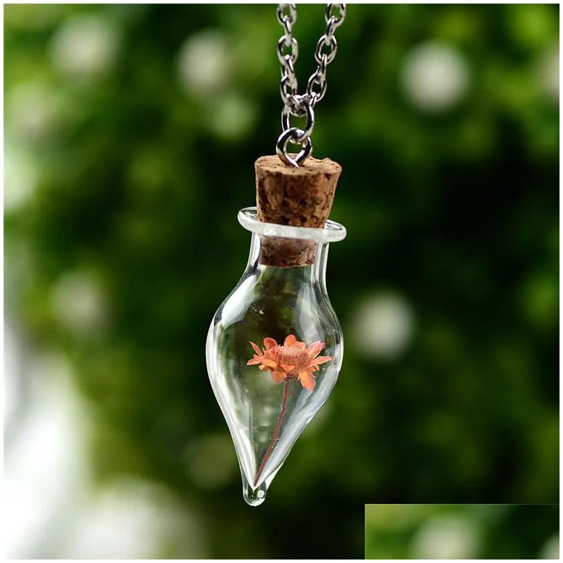 Pendant Necklaces Wishing Bottles Dried Flower Necklaces Women Glass Necklace Plant Fashion Jewelry Christmas Gift Will And Jewelry Ne Dh62N